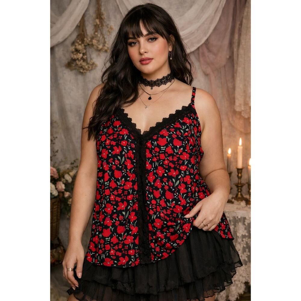 Romantic Floral Cami Tank Top 2XL Black Red Lace Trim Cottagecore Whimsigoth
